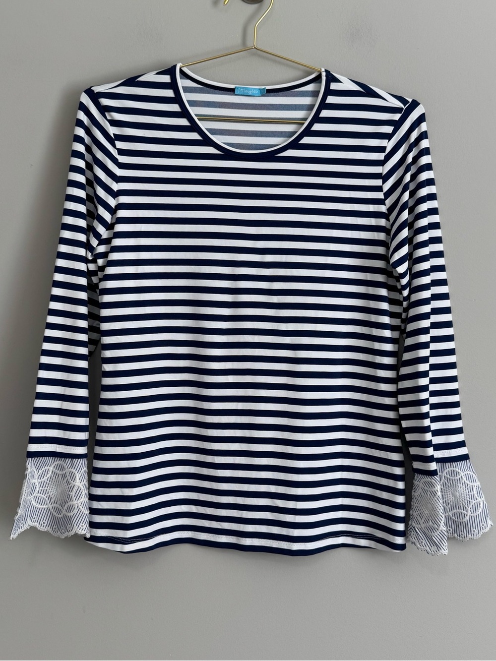 J McLaughlin Striped Long Sleeve Top with Floral Embroidered Cuffs